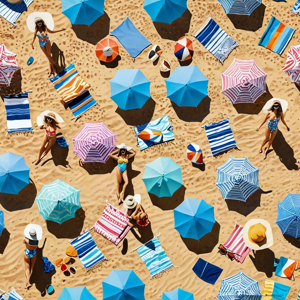 A vibrant beach scene featuring diverse models wearing trendy swimwear and fashionable beach accessories. Include colorful beach umbrellas, sun hats, sunglasses, and towels scattered around. Capture the essence of summer with bright sunlight and a clear blue sky, while ocean waves gently lap at the shore. Artistic style is vibrant colors and playful brush strokes.