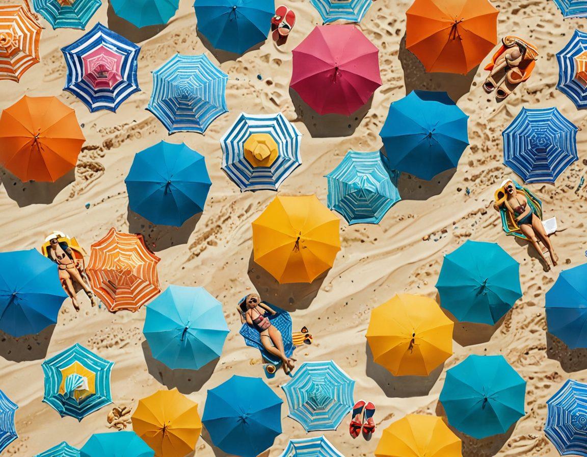 A vibrant beach scene featuring a diverse group of women showcasing stylish swimsuits and trendy accessories like oversized hats, colorful beach bags, and sunglasses. The background includes a lively beach with golden sands, turquoise water, and playful beach umbrellas. Add an array of beach towels and sunbathers to enhance the fun vibe. Ensure a bright and sunny atmosphere with a clear blue sky. super-realistic. vibrant colors. summer vibes.