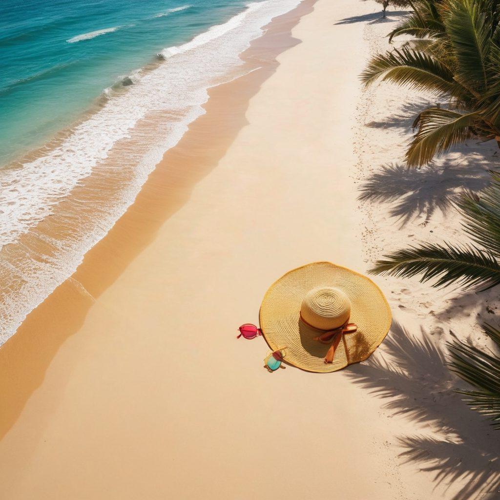 A sun-drenched scene showcasing a stylish beachwear wardrobe including vibrant bikinis and flowing cover-ups, elegantly displayed on a sandy beach with turquoise waves in the background. Add tropical palm trees, colorful beach umbrellas, and a sun hat or sunglasses to enhance the summer vibe. The sunlight creates a warm and inviting atmosphere. super-realistic. vibrant colors. tropical theme.